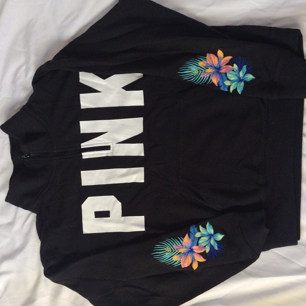 Victoria's Secret PINK Campus Quarter Zip Tropical Floral Embroidery Sweater XS